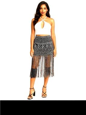 Boho Tribal Print Fringe Midi Skirt Black/White Festival Summer Skirt Size 1X